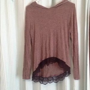 Soft gray long sleeve shirt w/ hood. Lace bottom